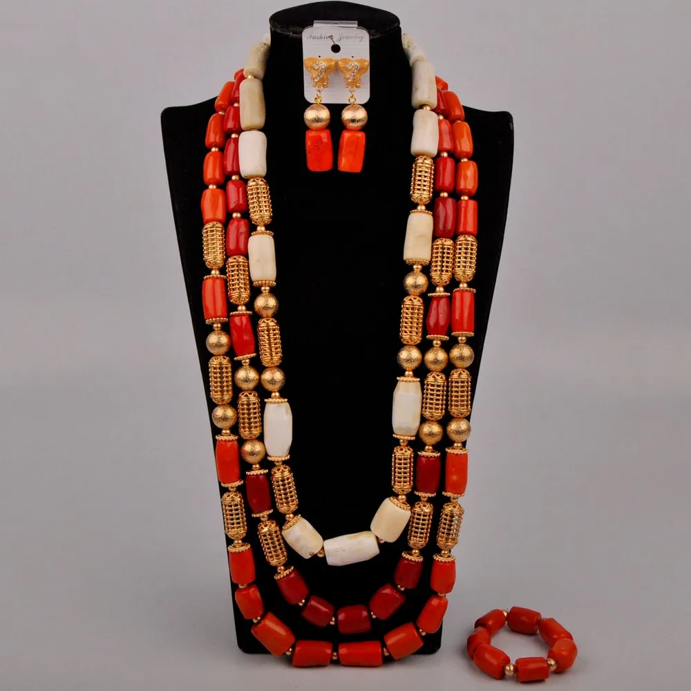 New White and Red and Orange Natural Coral Bead Necklace Nigeria Wedding Jewelry African Bride Wedding Jewelry Set AU-363