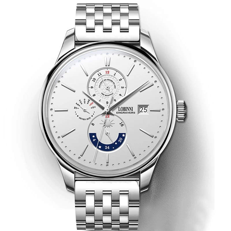 LOBINNI 316L สแตนเลสอัตโนมัติผู้ชายนาฬิกาข้อมือวันที่สัปดาห์เดือนผู้ชายนาฬิกา Sapphire กระจกกันน้ํา 50M นาฬิกา