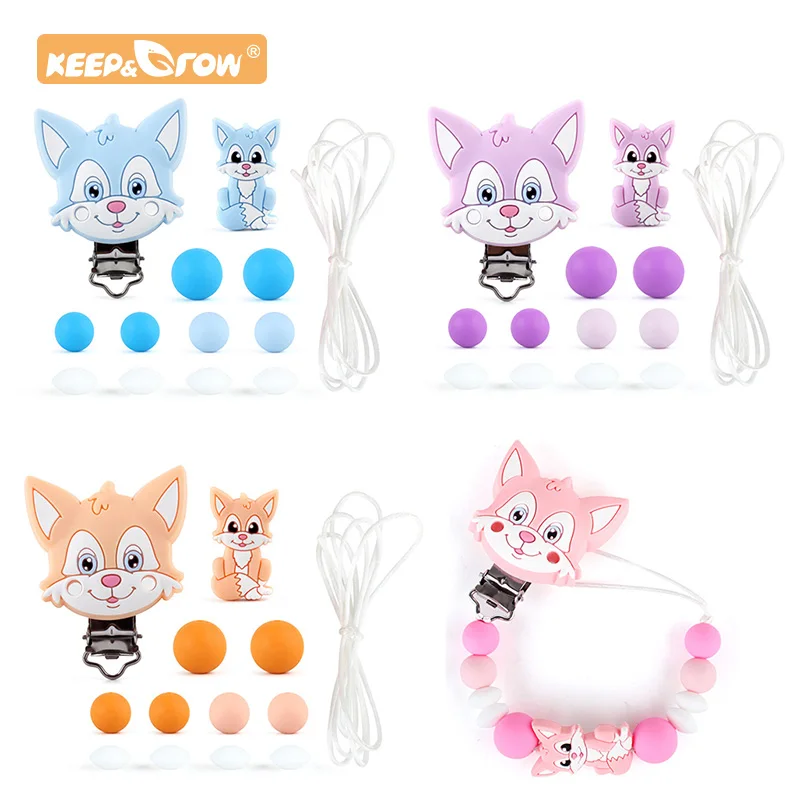 Fox Silicone Teether Pacifier Chain Food Grade Beads Dummy Clip Pendent Newborn Baby Teething Nursing Toys Oral Care Teether