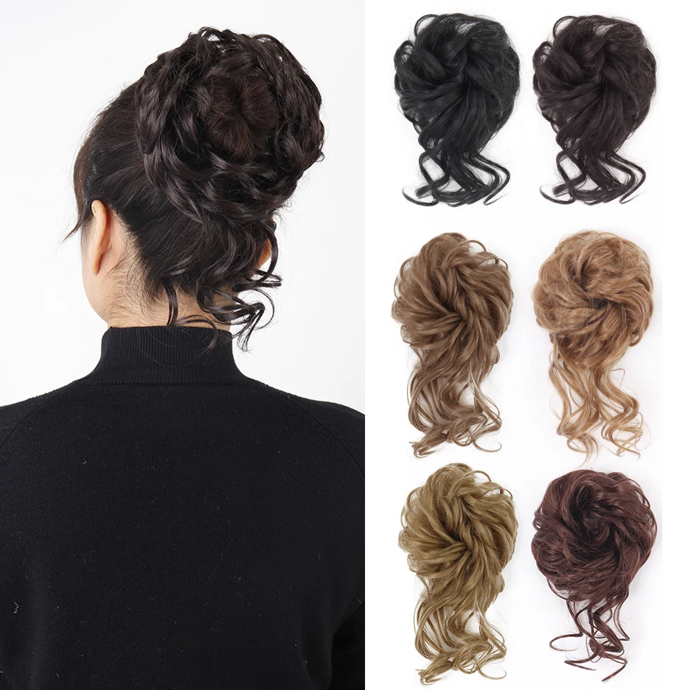 Moño de pelo sintético para mujer, moño rizado desordenado, banda elástica, Scrunchy, piezas de cabello falso, horquillas, marrón, negro