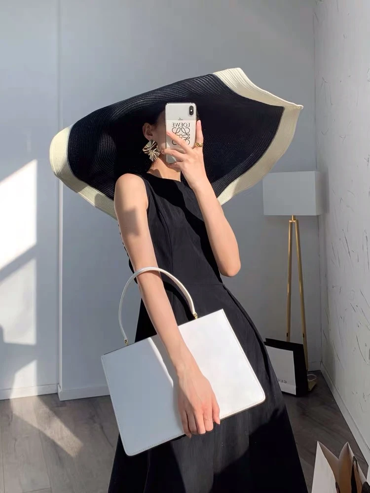 Women Vintage Black White Wide Brim 20CM Straw Hat Elegant Flat Floppy Derby Hat Foldable Straw Cap Cover Oversized Collapsible