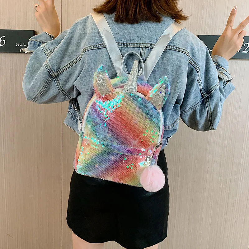 Stylish Unicorn Sequins Backpack Fashion Portable Shoulder Bag School Storage Bag Colourful Shining Backpack for Girls