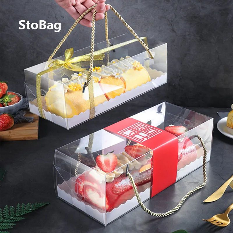 StoBag 10pcs Transparent With Paper Bottom Tote Boxes Baby Shower Cake Decoration Birthday Party Package Backing Supplies Box