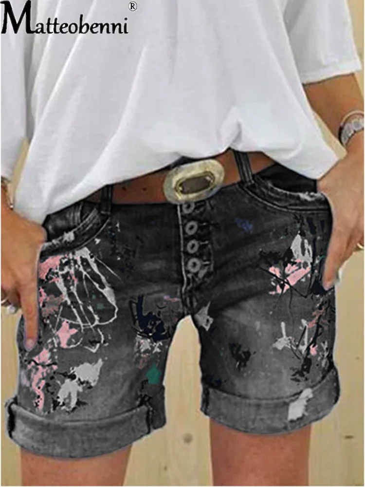 2025 weibliche Casual Böden Harajuku Vintage Streetwear Sommer Neue Tasten Frauen Denim Shorts Gewaschen Blume Drucken Jeans – Detail 6