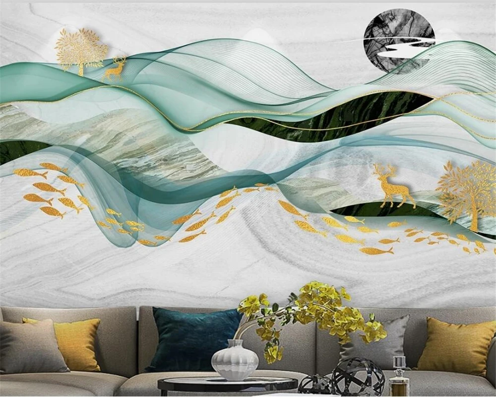 beibehang Customized modern new Chinese style abstract geometric golden lines mountain peak elk TV background wallpaper
