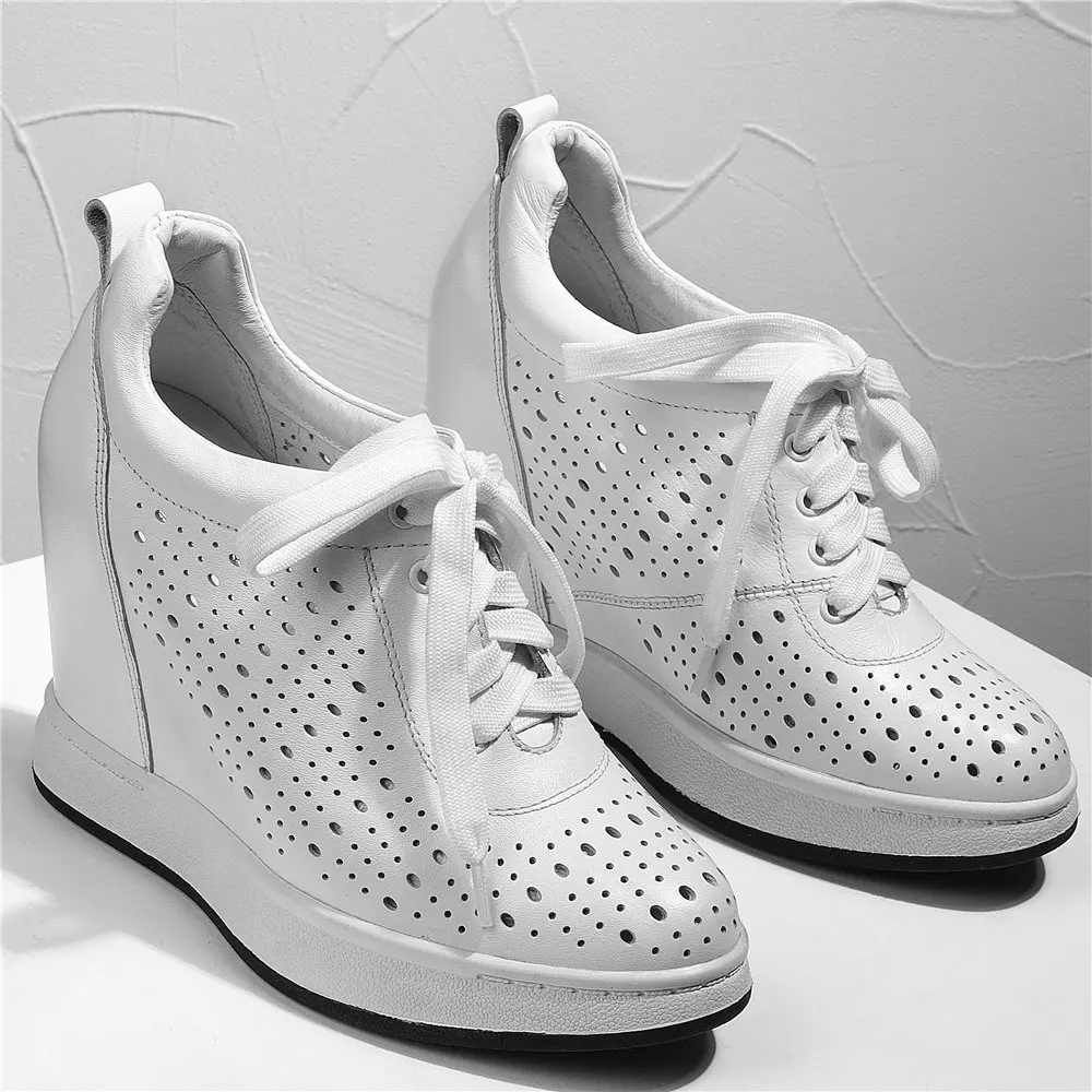 2021 Women Lace Up Genuine Leather Wedges High Heel Pumps Shoes Female Summer Round Toe Platform Fashion Sneakers Casual Shoes