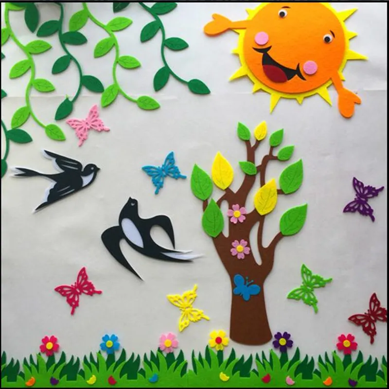 T-N Non-woven Felt Fabric Flower Wall Stickers Tulips Sun Flower Smile Face Kindergarten School Classroom Kids Handmade DIY Toys