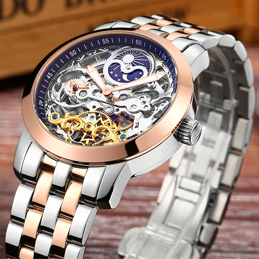 AILANG 2022 Fashion Luxury Gold Stainless Steel Mechanical Watch Men\'s Waterproof  Hollow Watch Skeleton Steampunk Watches Men