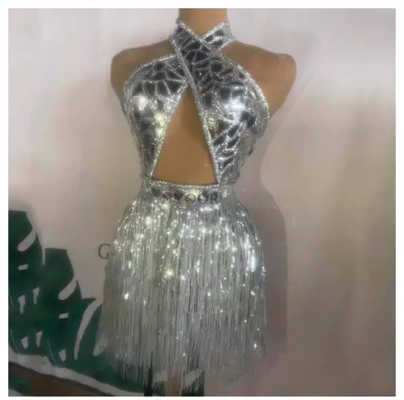 

Evening Women Dancer Singer DS Show Outfit Wear Silver Sequin Fringe Short Dress Birthday Celebrate dress