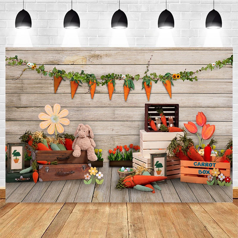 Spring Easter Photography Backdrop Green Plants Wooden Floor Bunny Carrot Decor Rabbit Birthday Party Photo Background Photocall