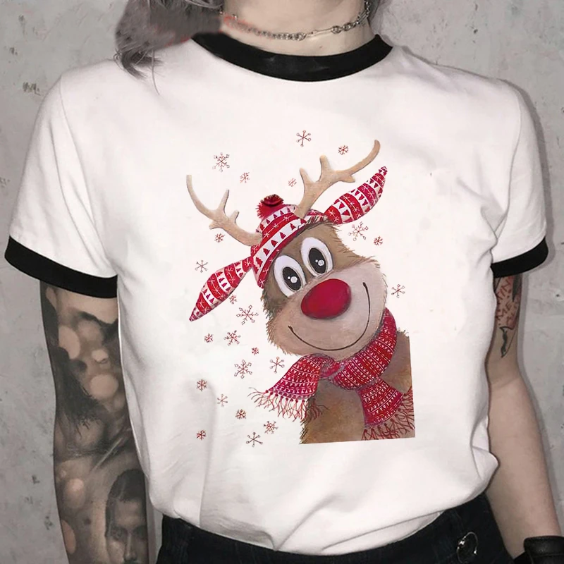 2022 Lovely Deer T Shirt Women New Year Hoildays Cute Tee Tops Merry Christmas Print Tshirts Ladies Graphic T-Shirt Female 90s