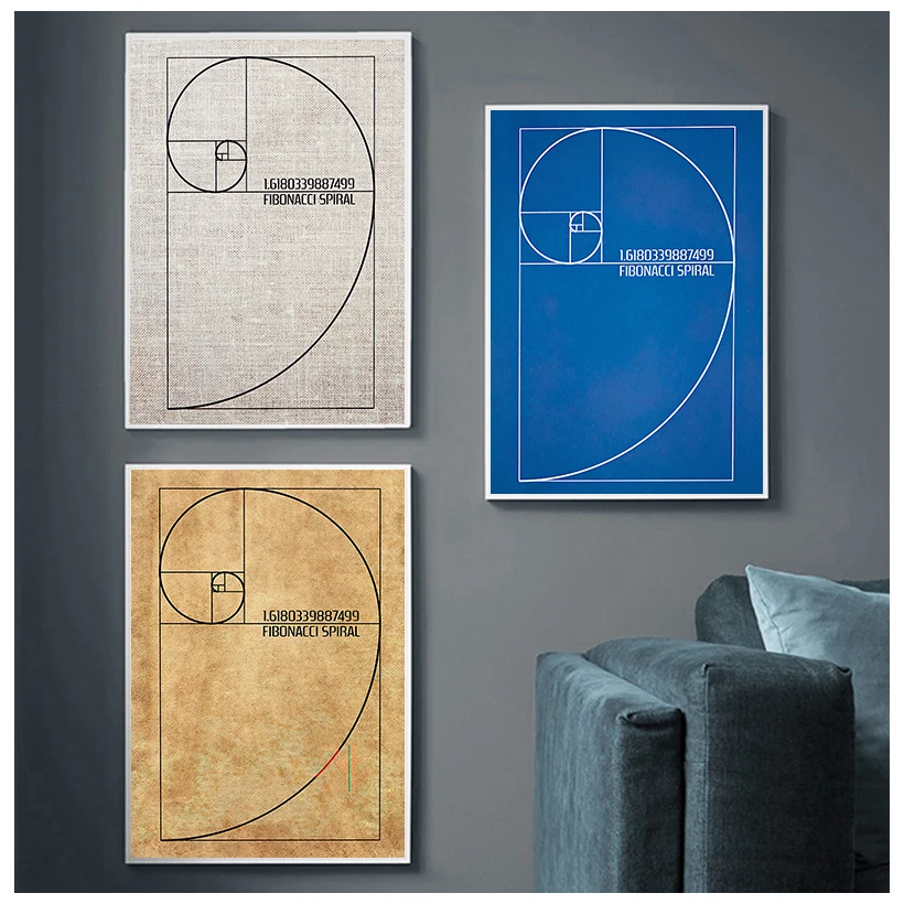 Fibonacci Spiral Patent Wall Art Canvas Painting Golden Ratio Posters and Prints Vintage Blueprint Gift idea Science Decoration