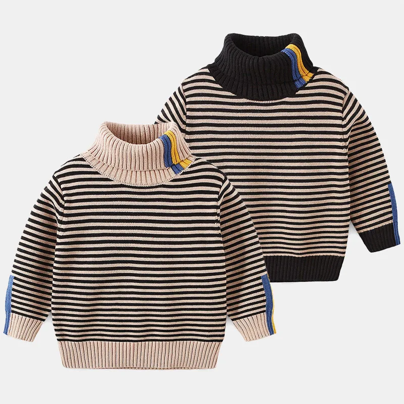 2024 Winter Warm 3 4 5 6 8 10 12 Years Teenage Thickening High Neck Knitted Turtleneck Color Striped Baby Kids Boys Sweater