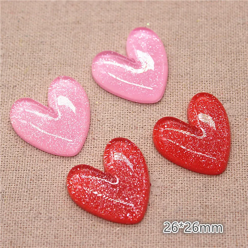 10 sztuk Kawaii żywica brokat czerwony/różowy serce Flatback Cabochon dekoracja domu urok Craft DIY akcesoria, 26*26mm