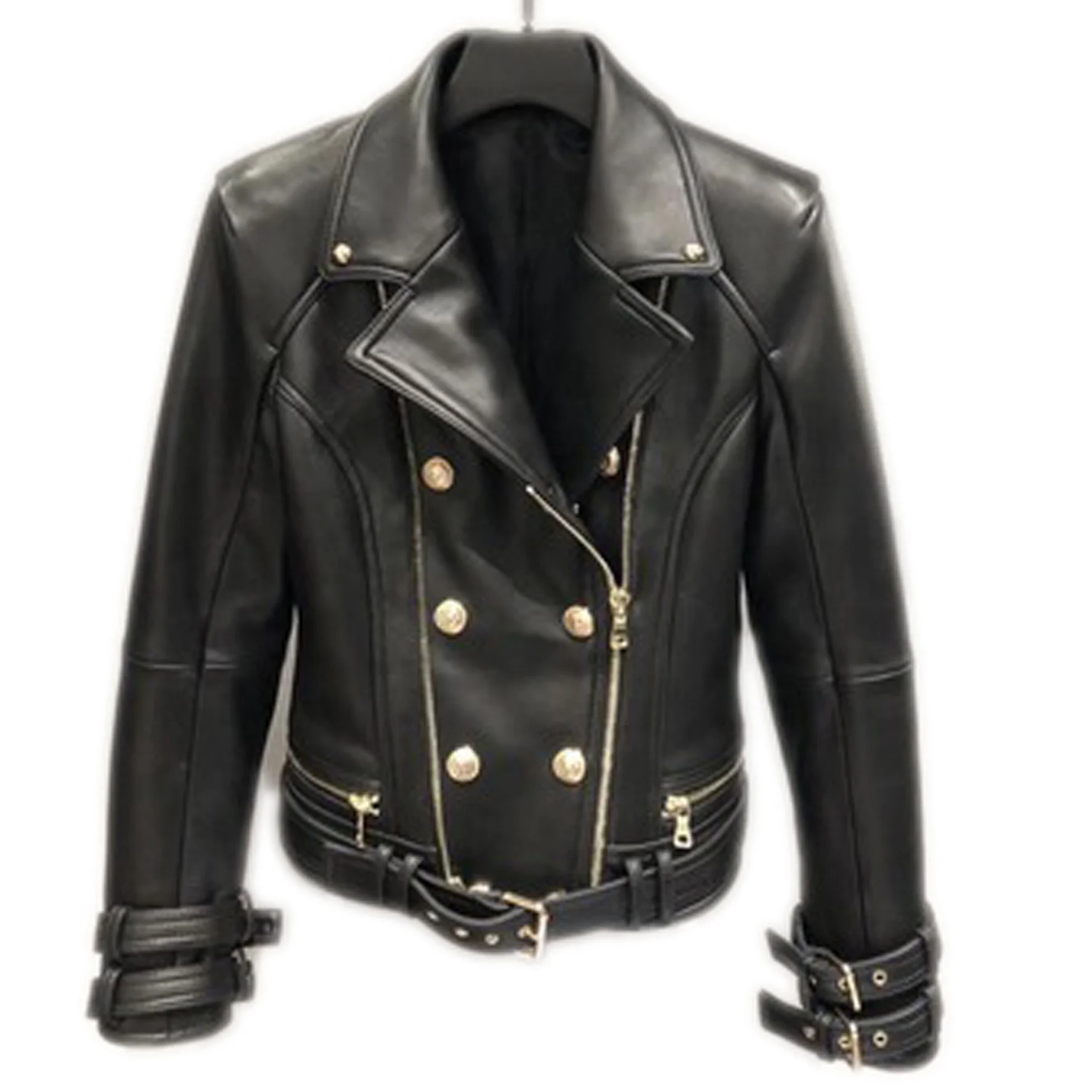 Luxury Brand Design Genuine Leather Jacket Coat Clothing Women Real Sheep Sheepskin European Style Double Breasted Slim Fit Tops