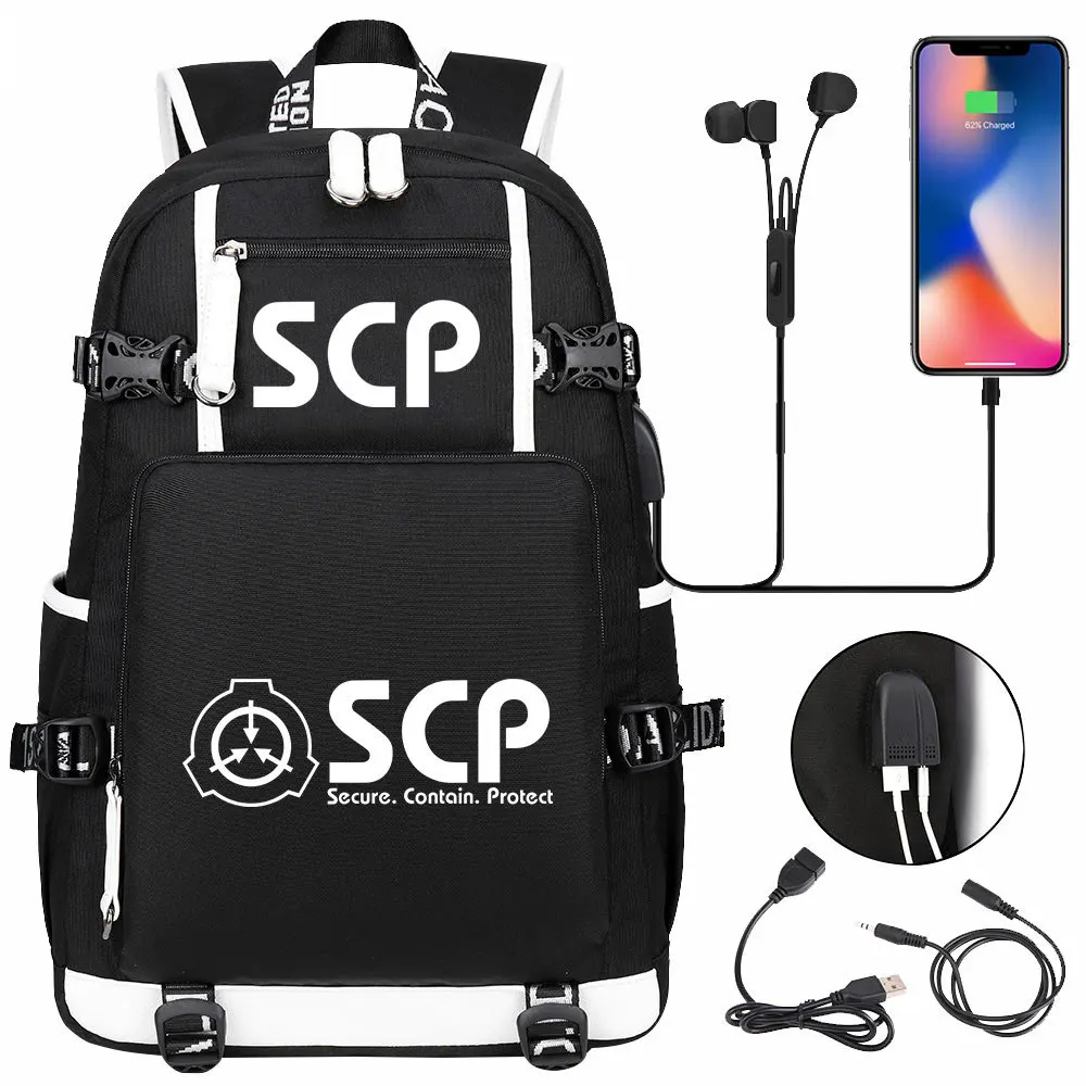 SCP Secure Contain Protect Backpack Black Bookbag Cartoon School Bags for Teenage Kids Travel Bagpack USB Laptop Shoulder Bags