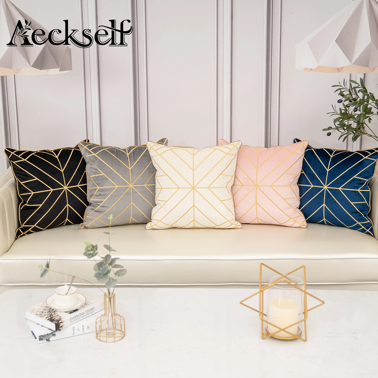 

Aeckself Luxury Geometric Embroidery Velvet Cushion Cover Home Decor Navy Blue Gold Gray Black White Throw Pillow Case