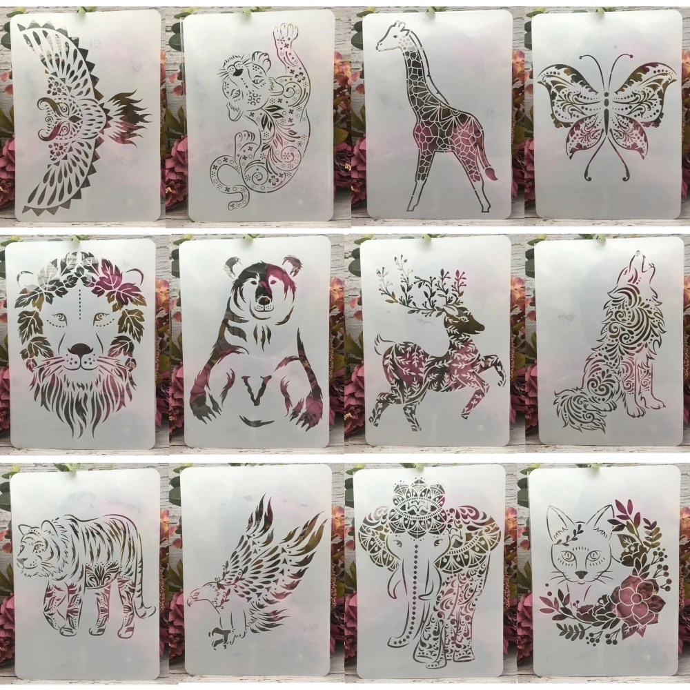 12 sztuk/partia A4 29*21cm Mandala zwierzęta DIY ściany nakładania warstw szablony malowanie księga gości kolorowanie tłoczenie Album dekoracyjny szablon