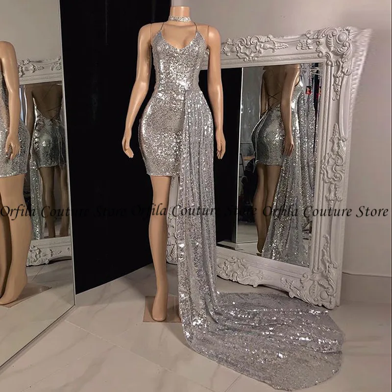 Silver Sparkly Sequined ชุดราตรี Backless เซ็กซี่แอฟริกันสีดำหญิงสั้นชุด2021ยาวรถไฟ