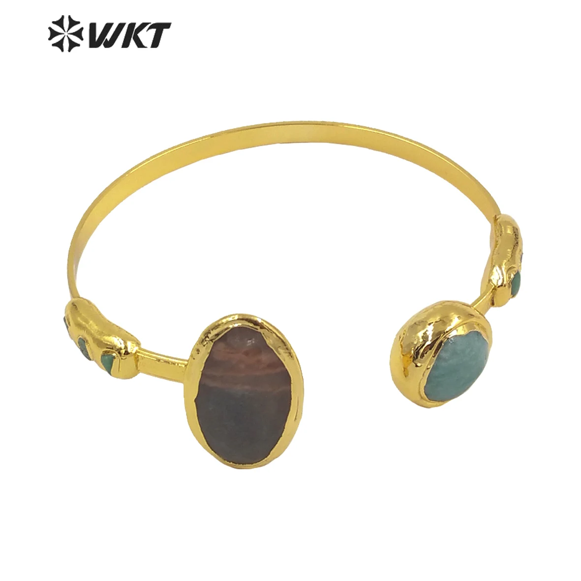 

WT-MPB031 WKT New Design Gorgeous Natural Stone Cuff Bangle Gold Plated Adjustable Double Amazonite For Friends Special Gift