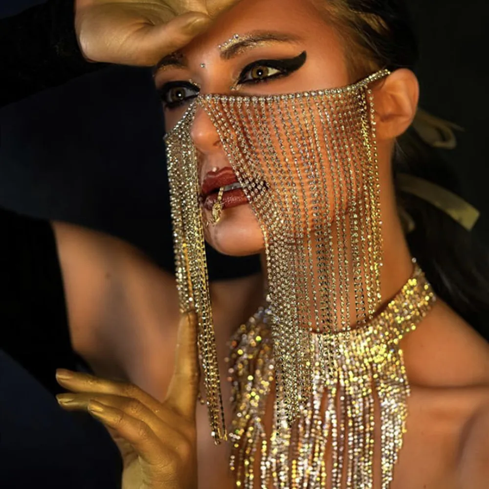 

Luxury Sexy Women Long Tassel Rhinestone Head Chain Face Jewelry Crystal Face Chain Masks Masquerades Cosplay Head Jewelry Gift
