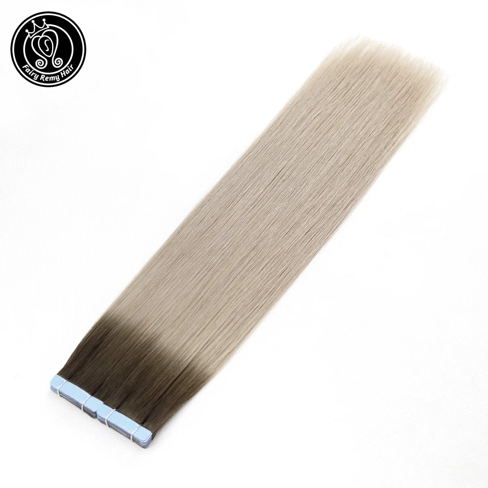 Fairy Remy Haar 16 "-24" Skin Weft Menselijk Haar Steil Tape In Haarverlenging Ombre Balayage Wortel zilver Kleur 2 G/stk 40 G/pak