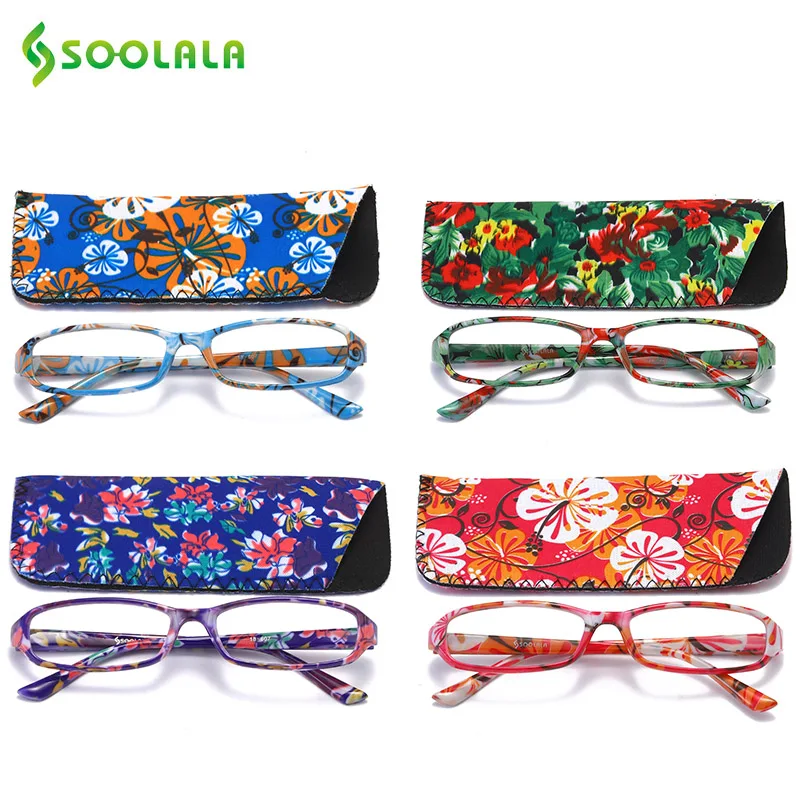 

SOOLALA Printed Reading Glasses w/ Matching Pouch Spring Hinge Rectangular Presbyopic Glasses with Cases +1.0 1.5 1.75 to 4.0