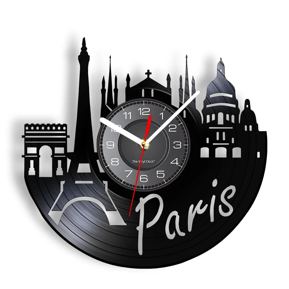 France Tourism Paris City Skyline Artwork Wall Clock Retro Vinyl Disk Crafts Home Decor Paris City Landscape Silent Wall Watch