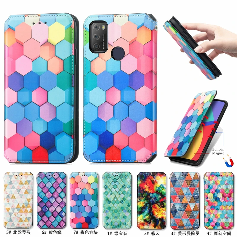 10Pcs Colorful Rainbow Pattern PU Leather Wallet Magnet Flip Phone Cover for ALCATEL 1B 1S 1L 3L 2021 2022 TCL A3 A3X