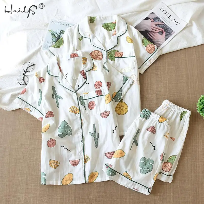 

Japanese Korea Short Pyjamas Women 100% Gauze Cotton Short Sleeves Ladies Pajama Sets Shorts Cute Cartoon Sleepwear Homewear Pjs