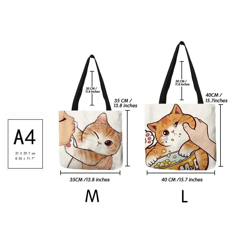 Funny Cute Kissing Cat Print Casual Tote Bag Eco Linen Cloth Handbag Women Ladies Large Reusable Shopping Bag for Outdoor Beach