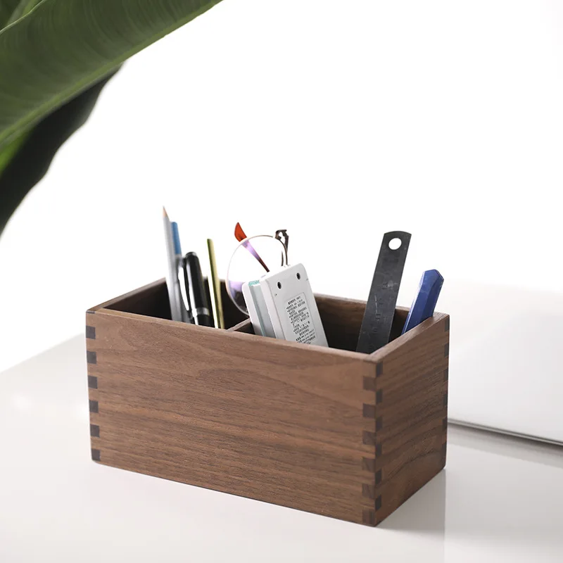 Amgo Walnut Remote Control Storage Box Wood Desktop Multi Grids Organizer Phone Pen Holder Container for Home Office