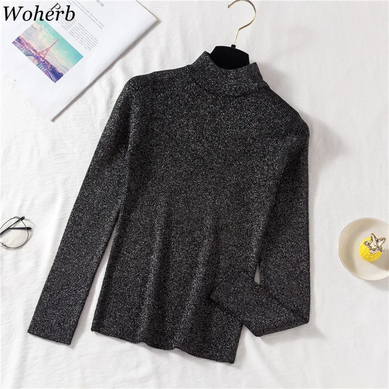 Woherb Lurex Glitter Women Sweater Autumn Winter Turtleneck Pullover Jumper Fashion Elegant Solid Stretch Female Sweaters Top