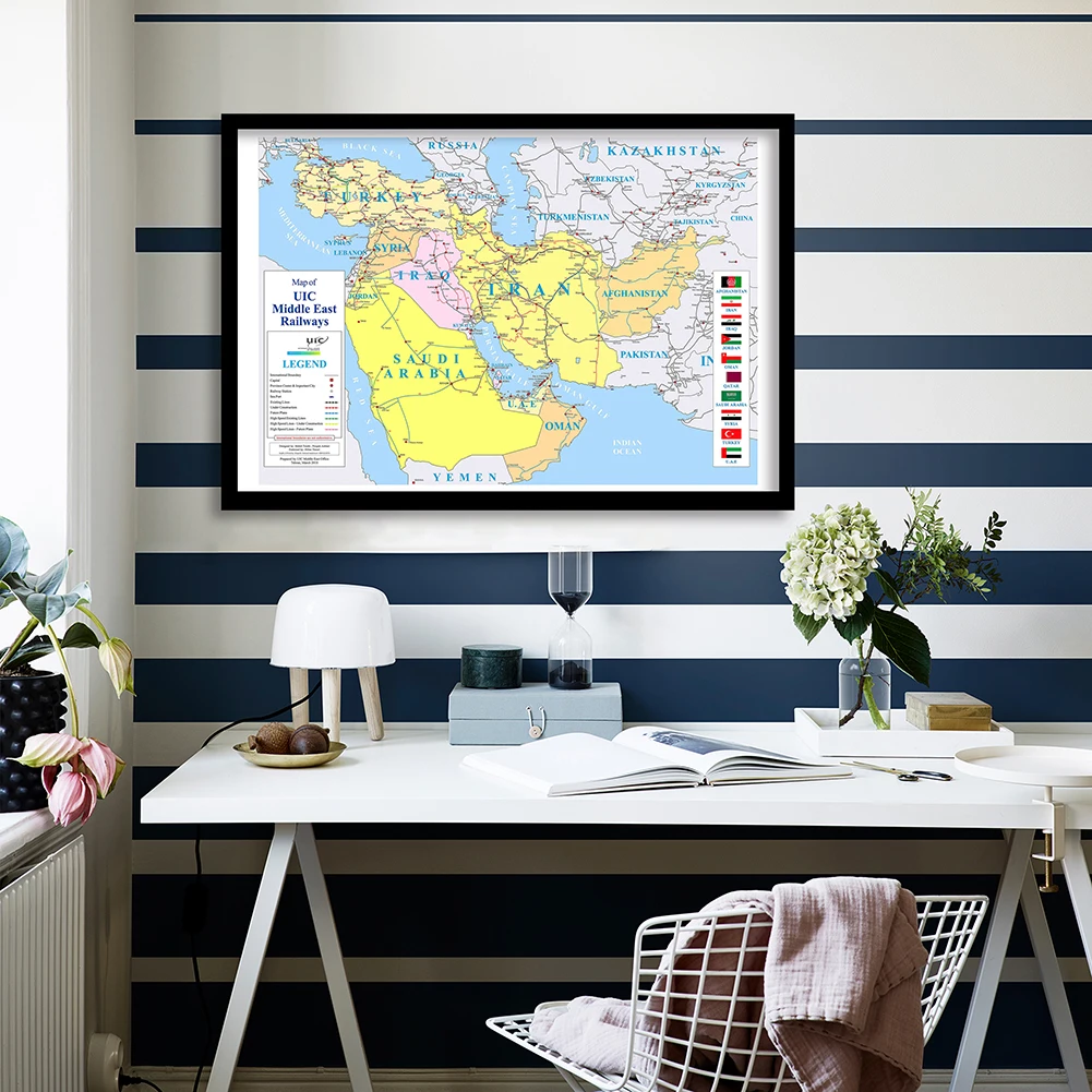 84*59cm Railways Of The Middle East Map Eco-friendly Canvas Painting Wall Art Poster  Living Room Home Decor School Supplies