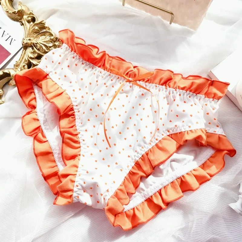 Japanese Style New Sexy Lingerie Soft Sweet Bow Panties Love Heart Printing Ruffle Underwear Plus Size Panties 4XL 6XL