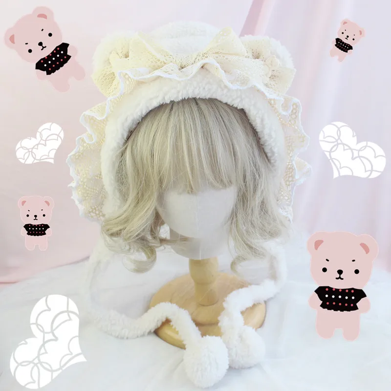 Lambswool Cute Bear Ears Plush Hat Lolita Lace Sweet Cute Pullover Bear Hat