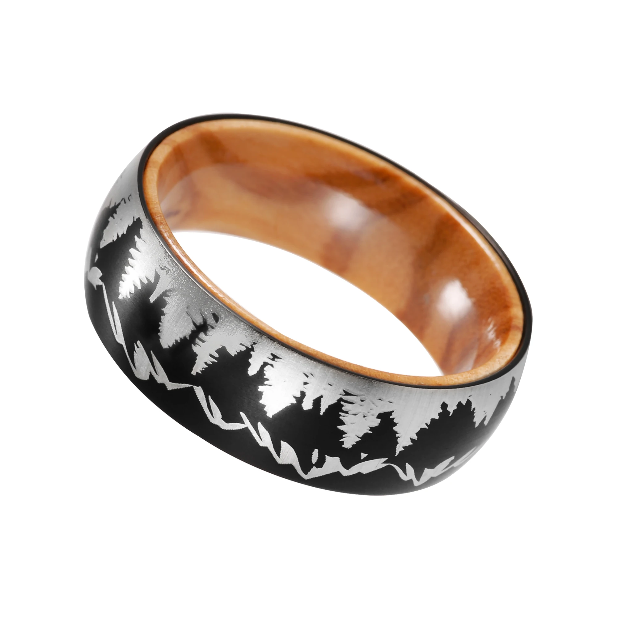 8mm Mountain&Forest Scene Ring Titanium Wooden Ring Men’s Wedding Band Black Men‘s Wood Ring - Black Titanium Wedding Band