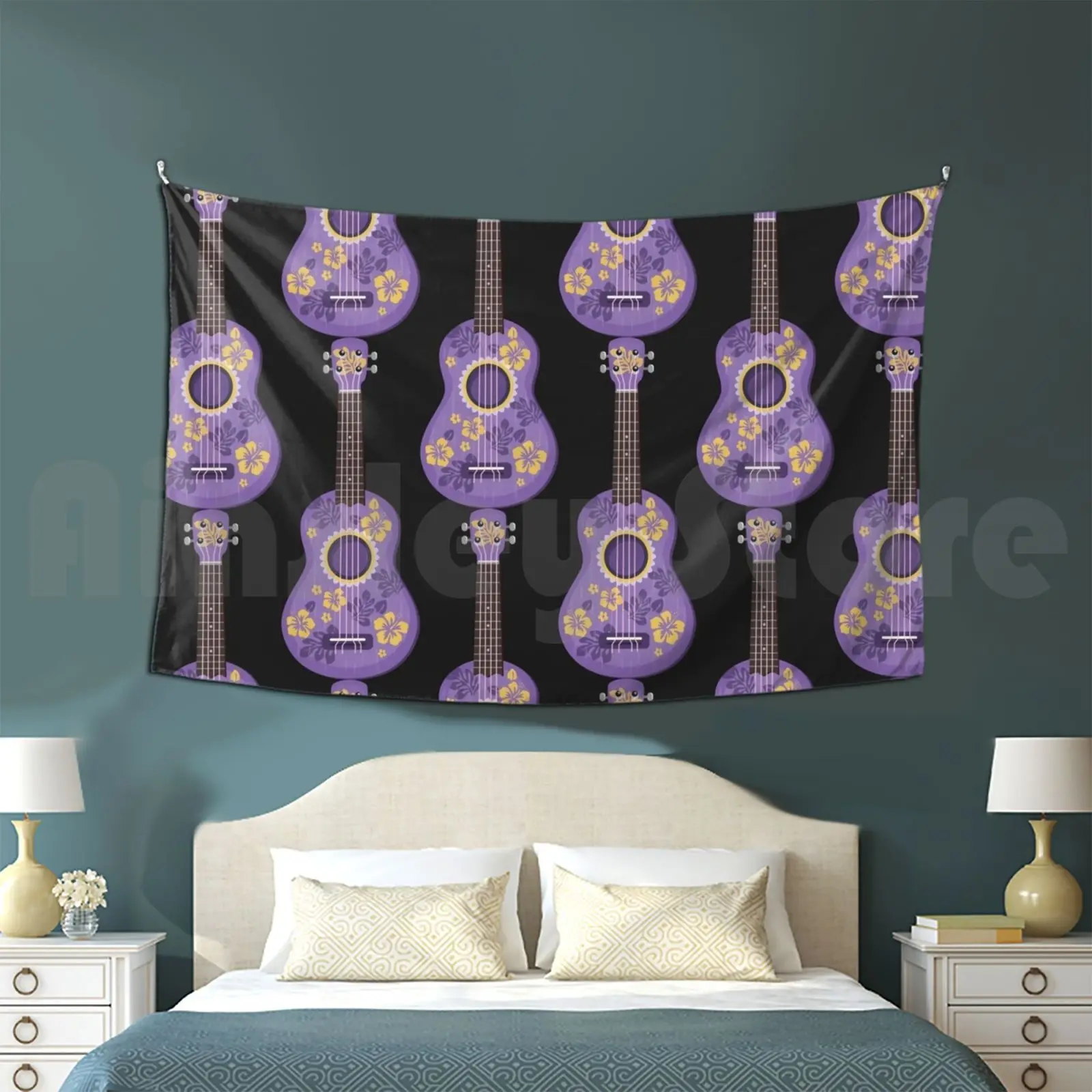 Ukulele Purple Decorated Customized Tapestry Ukulele Strings Floral Banjo Music Club Music School Chord