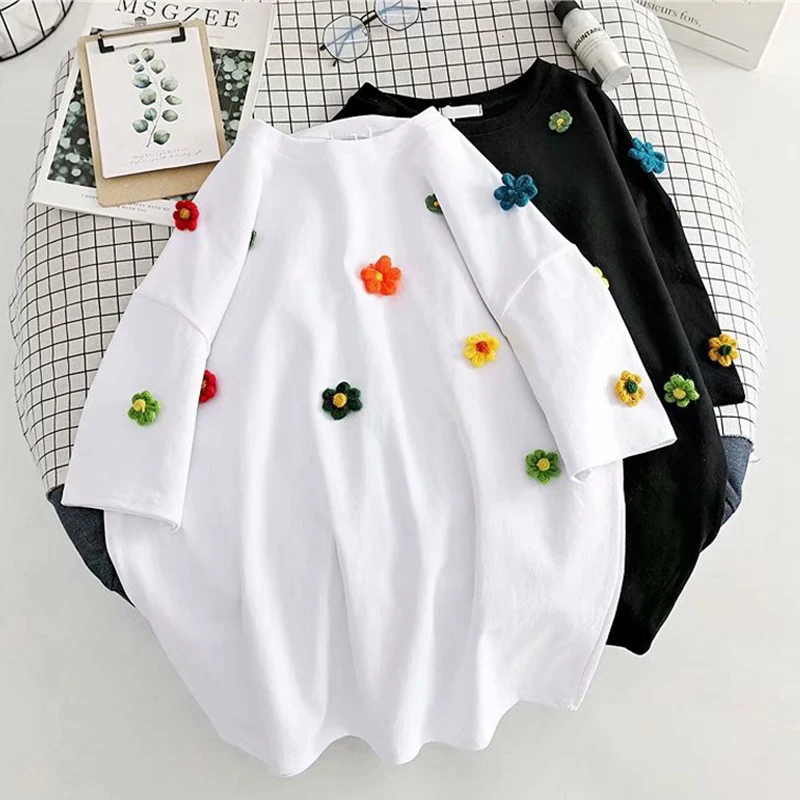 Summer Short Sleeve White T Shirt 2022 New 3D Flowers O Neck d T Shirts Female Casual Loose Chic Tees Women 100% Cotton Tops