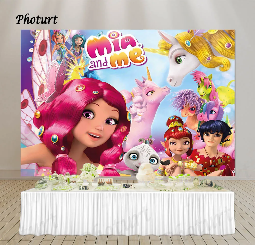 

PHOTURT Mia and Me Backdrop Kids Birthday Party Supply Background Pink Fairy Unicorn Polyester Vinyl Photo Banner Decorate Props