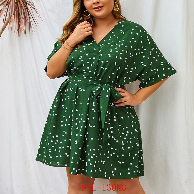 

Summer plus size casual dress 6XL 7XL 8XL 9XL fashion women's sexy V-neck short-sleeved belt polka dot dress bust 148CM