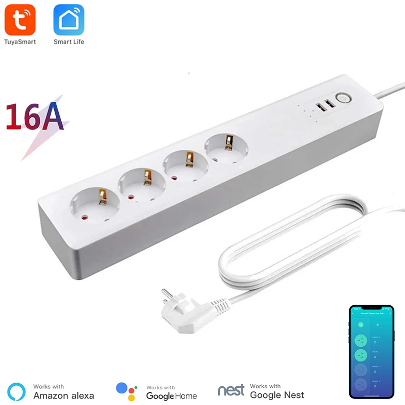 

Smart WiFi Power Strip 16A Tuya Smart App Control Type-F EU 4 Outlets 2 USB Ports Individually Control Alexa Google Home Voice