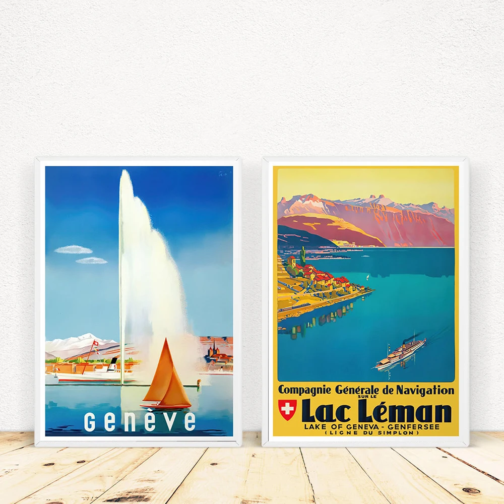 Geneve Switzerland Vintage Travel Poster Manchester Canvas Print San Francisco Posters Sea And Lakes Prints Gift Idea Home Decor