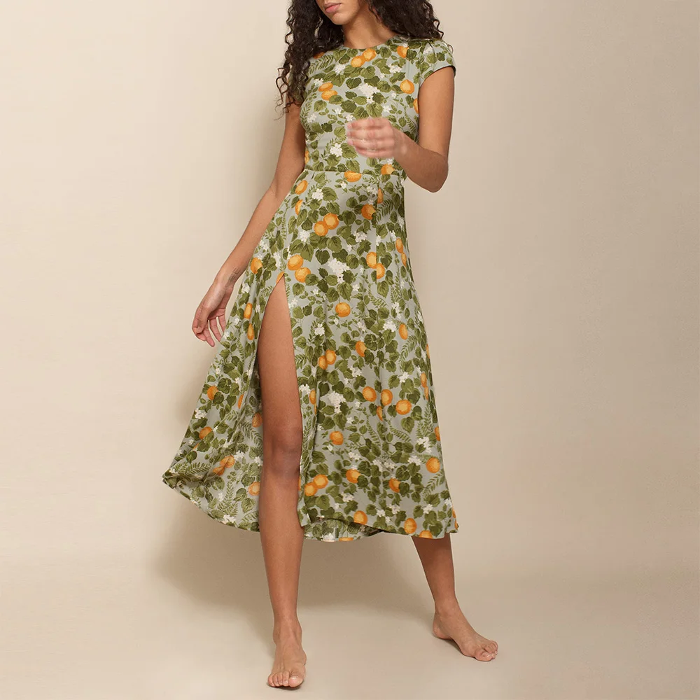 Women Dresses Summer 2021 O-Neck Short Cap Sleeve Vintage Elegant Print Chiffon Midi Dress With Slit Sexy Backless Beach Dress