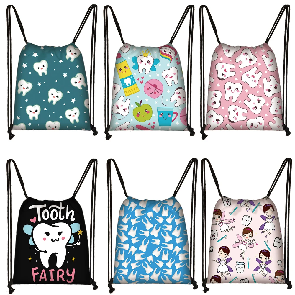 Teeth and Tooth Fairy Print Backpack Women Drawstring Bag Dental Hygienist Girls Storage Bags for Travel Bookbag Shoes Holder