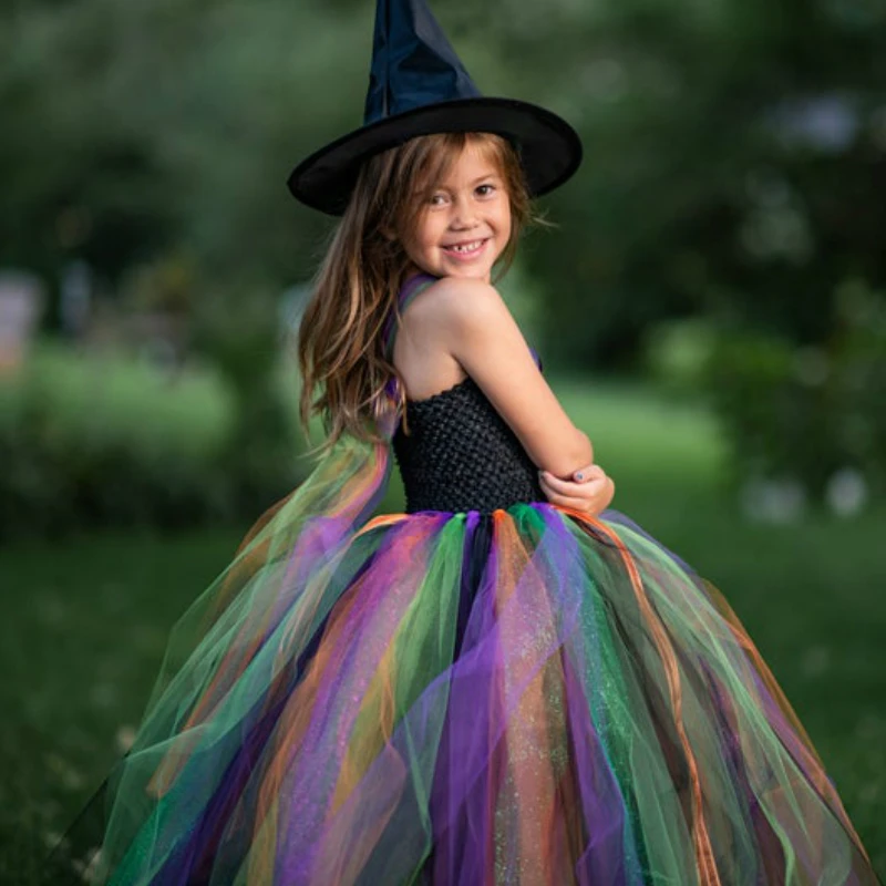 Multicolor Girls Witch Tutu Dress Kids Crochet Tulle Dress Ball Gown with Black Hat Children Halloween Party Costume Dresses