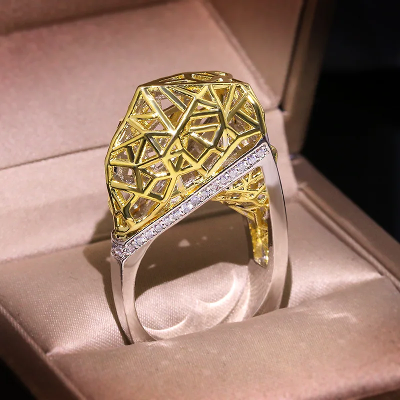 Exaggerated Geometric Ladies Wedding Engagement Ring Fashion Jewelry Golden Silver Color Geometric Hollow Big Ring