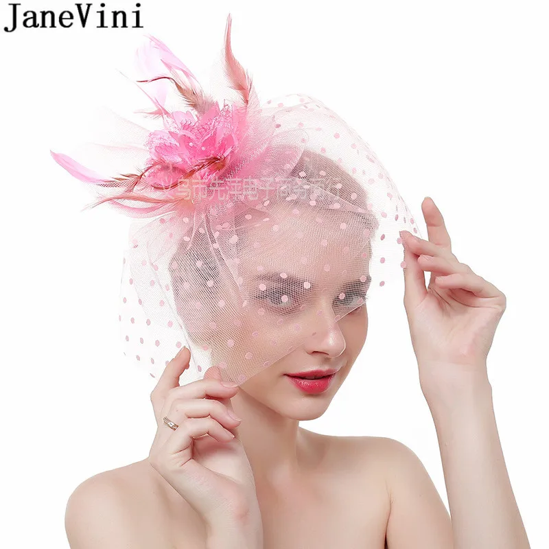 JaneVini ślub Haarschmuck biały Fascinator z kwiatami i piórami kapelusz ślubny z welonem krótki 2021 niebieski kapelusze ślubne dla kobiet elegancki