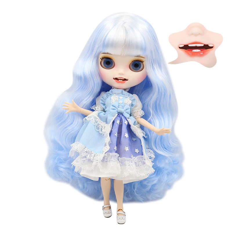 

ICY DBS Blyth doll white skin Carved lips Open mouth Matte customized face joint body White mixed Blue hair NO.1366005