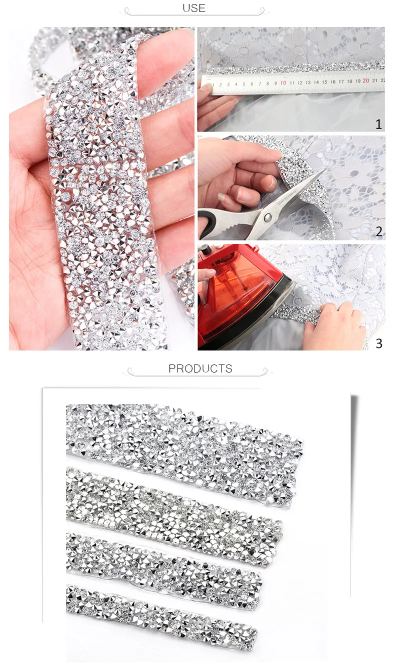 1 Yard Nähzubehör Kristallmotiv Strass Hotfix Strassband Applikatorband mit Strasssteinen zum Aufbügeln für Kleider – Detail 8